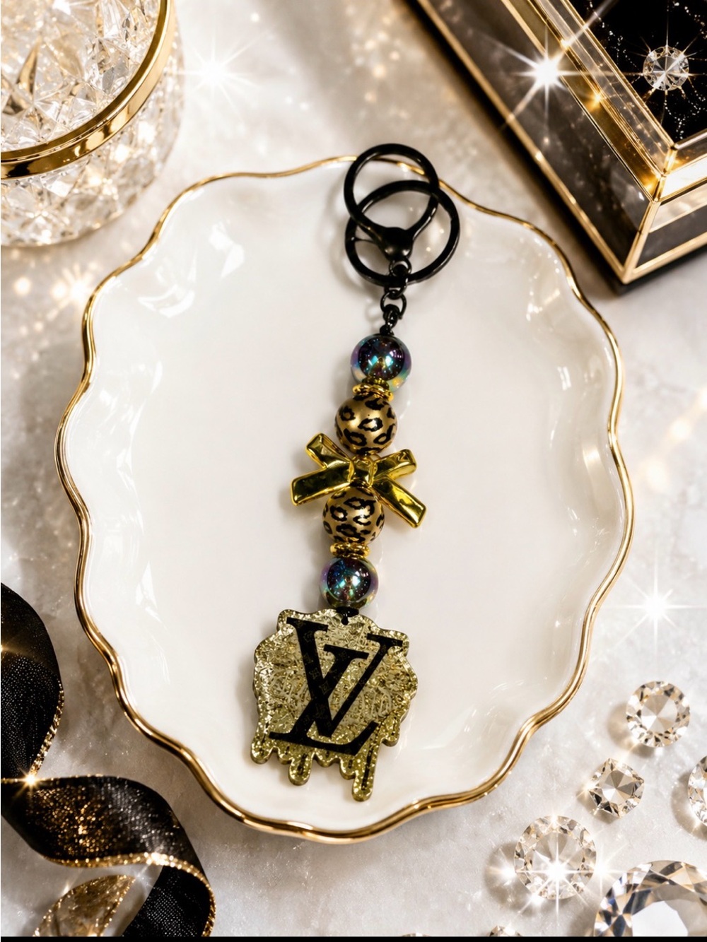 Hand Crafted Gold Glitter Inspired Logo Keychain with Leopard Beads